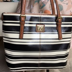Anne Klein Black & Cream Striped Tote w/Brown Trim